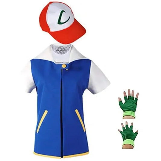Cosplay Anime Ash Ketchum Clothes Men Blue Jacket Costume Boys Girls Cosplay for Carnival Party Trainer Cap Gloves Set