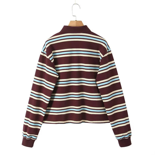 2025 Summer Ladies Polo Shirts Woman Long Sleeve Crop Top Striped Vintage Clothes Polo Shirts Mujer Streetwear Casual Tops Brown