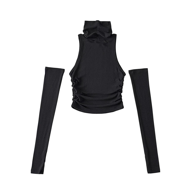 Woman Clothes Fall 2025 Tank Top Sleeve Cover Sleevless Side Pleats Turtleneck T-shirt Sexy Ribbed Knitted Tops Y2k 2529