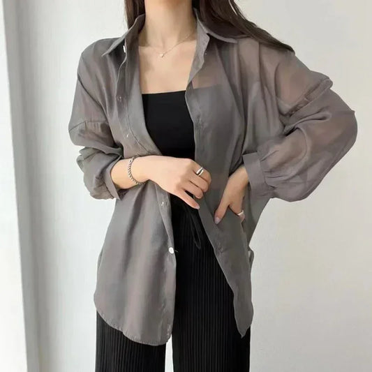 2025 Colors Shirts Women Sheer Thin Chic Summer Simple Solid Sun-proof Temper Fashion Baggy All-match Basic Korean Style Clothes