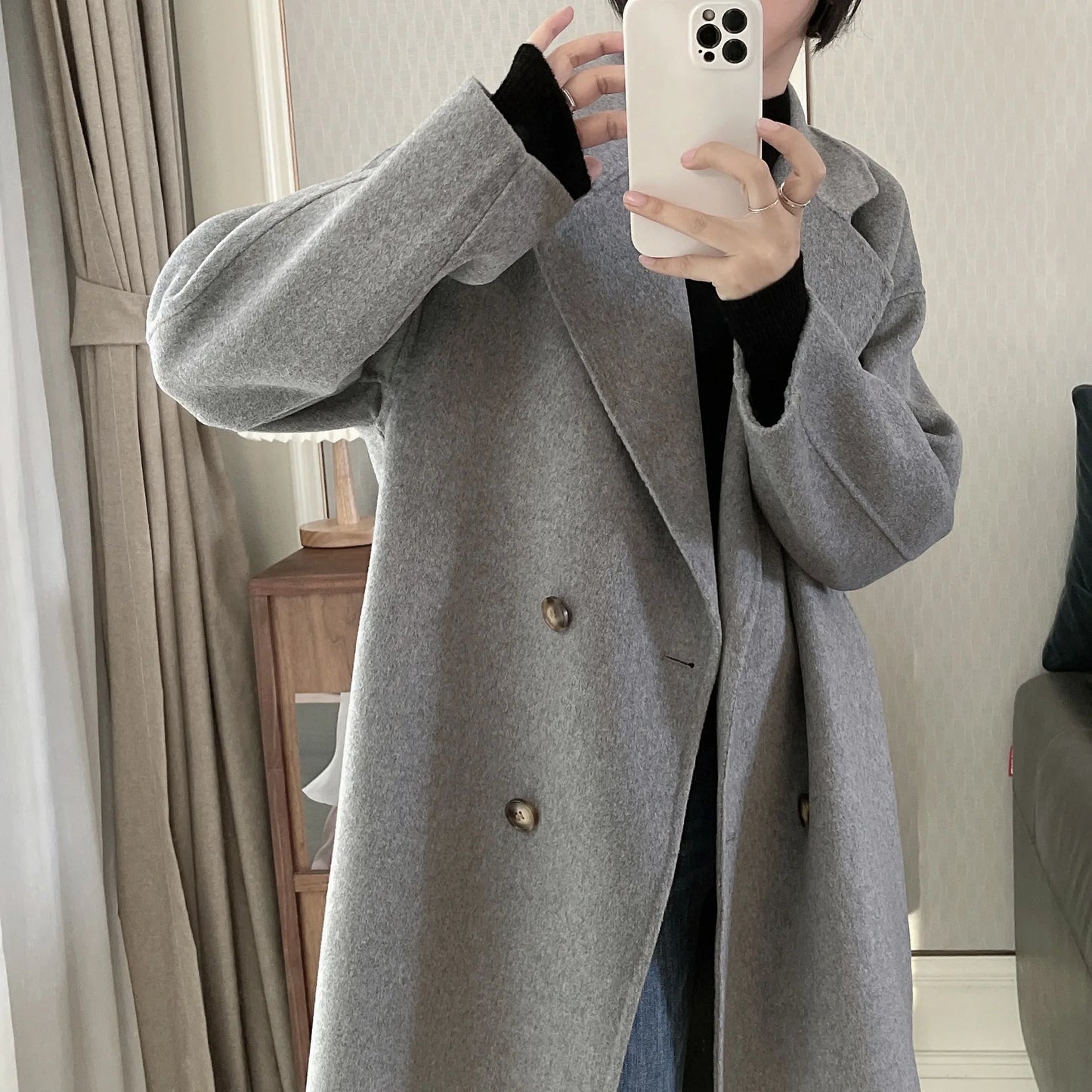 2025 Spring Women Drouble Breasted Woolen Coat Loose Style Cashmere Winter Clothes Long Coats Tops New