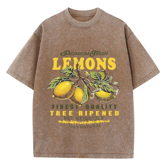 Summer Fresh Lemons Prints Washed T-Shirts Womens Cotton Oversized O-Neck Tops Street Vintage Short Sleeve Casual Woman Clothes