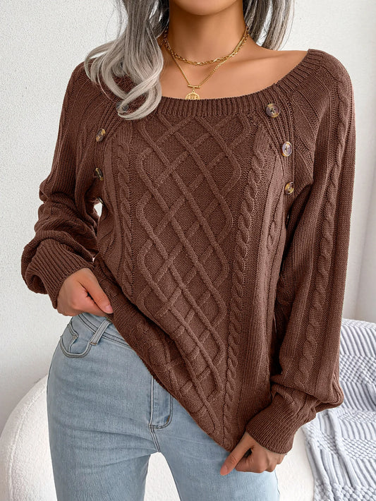 Woman Casual Plain Square Collar Buttons Long Sleeve Knitted Pullover Sweaters for Autumn Winter 2026 Fashion Women Clothes