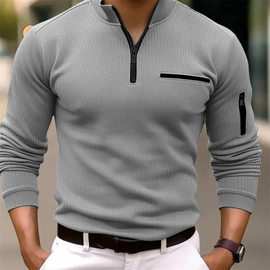 New light luxury light mature casual men sports retro style striped zipper arm fashion men outdoor long sleeve POLO shirt