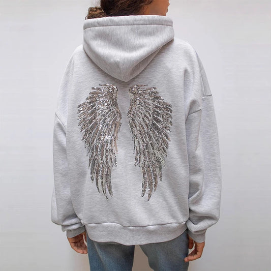 Fashion Wings Beads Sweathirts Women Oversized Hoodies Fleece Lining Sequined Casual Pullover Top Y2K Clothes Lady Outfits 2026