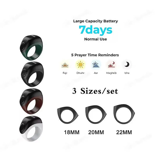 2026 Newest Qibla Zikr Muslim Smart Ring Tally Tasbeeh Counter 5 Prayer Time Reminder Waterproof Smart Rings Men Women Muslims
