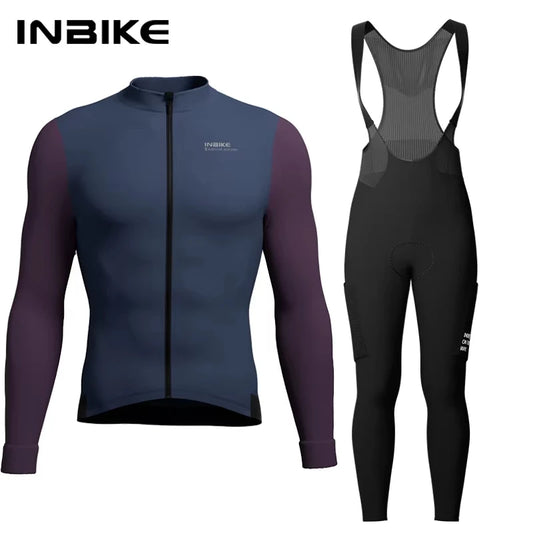 INBIKE Winter Cycling Clothing for Men Fleece Cycling Sets Long Sleeve Jersey with Pockets Long Bicycle Bib Pants for Road Bikes