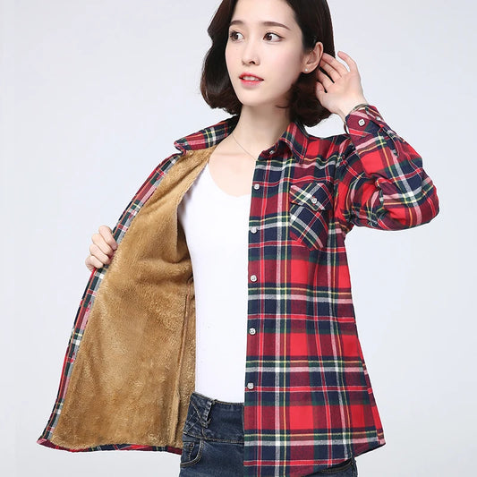 2025 Winter New Women's Warm Plaid Shirt Coat Casual Fleece Velvet Plus Thicke Jacket Tops College Style Woman Clothes Outerwear
