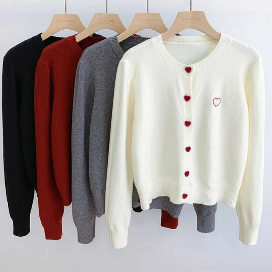 Women O-Neck Single Breasted Heart Button Sweater 2026 Bow Embroidery Knitted Cardigan Korean Casual Solid Tops Woman Clothes 45