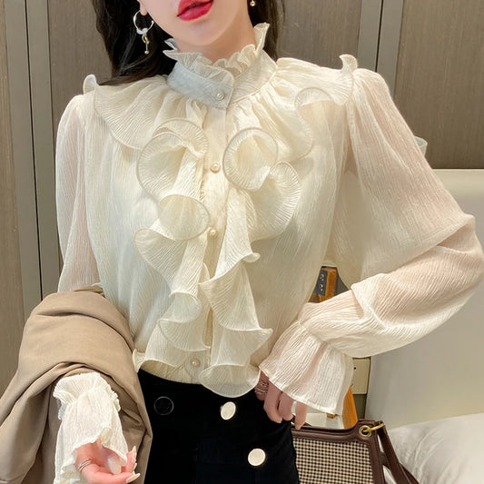 NEW High Quality Vintage Ruffles Clothes Lace Blouse Women Spring Collar White Chiffon Shirt Long Puff Sleeve Loose Tops Elegant
