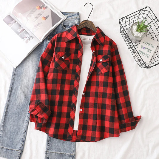 Cotton Flannel Plaid Shirts Women 2025 Autumn New Female Casual Slim Fit Long Sleeve Blouses & Tops Ladies Checkered Clothes