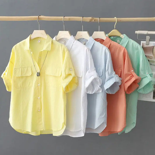 Turn-down Neck Pink Solid Short Sleeved Loose Shirt And Blouse Clothes Top Casual Single Breasted Spring Simple OL Outerwear New