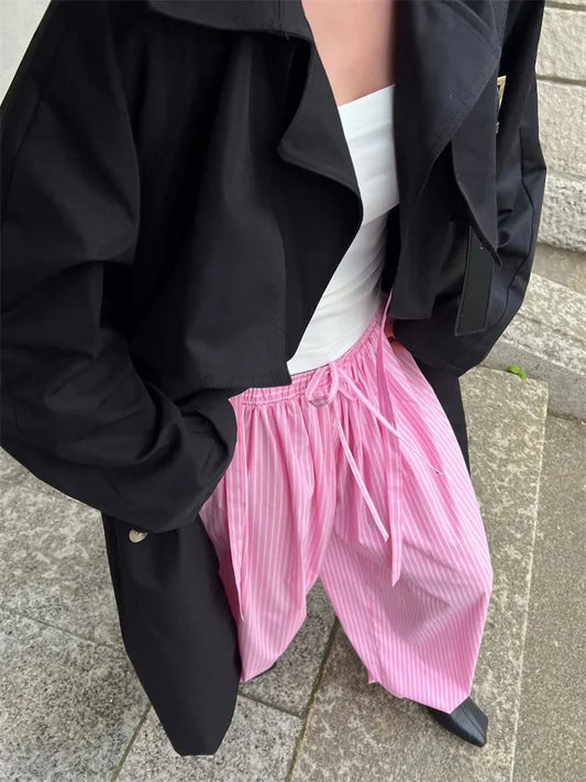 Tossy Striped Lace-Up Casual Women's Pants Patchwork Loose Streetwear Trousers High Waist Commute Clothes Female Bandage Pants