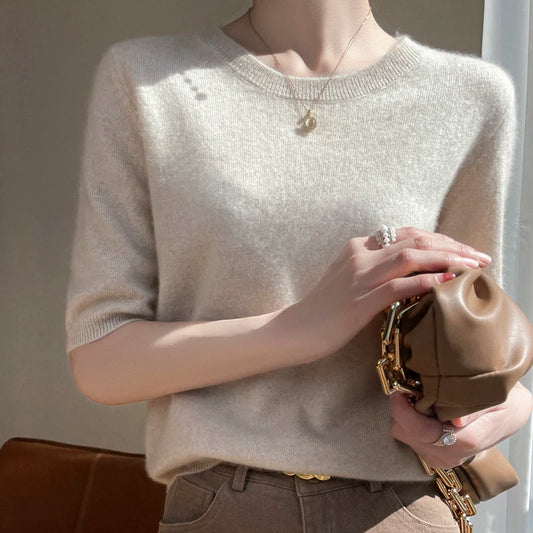 Women 100% Cashmere Sweater T-shirt 2023 New Short Sleeve Pullover Spring O-Neck Basic Jumper For Female Soft Shirt Girl Clothes