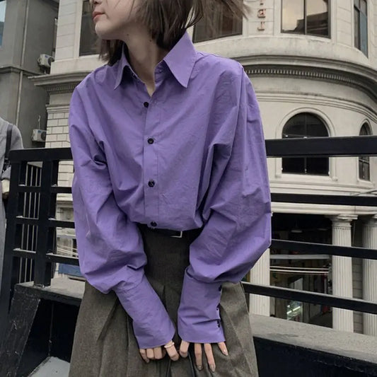 Purple Shirts Women Gentle Office Lady Loose Leisure Sweet New Autumn Korean Clothes Stylish Basic De Mujer Buttons Design Tops