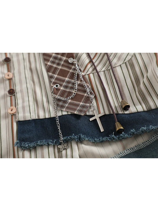 Women's Brown Striped Shirts and Blouses Y2k Vintage Korean Streetwear Harajuku 2000s Elegant Long Sleeve Emo Shirt Clothes 2024