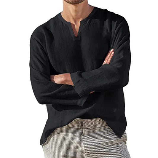 Men's Cotton Linen Shirt Cozy Solid Color Long Sleeve Breathable Tops V Neck Casual Blouse Hawaiian Shirt Lightweight Shirts