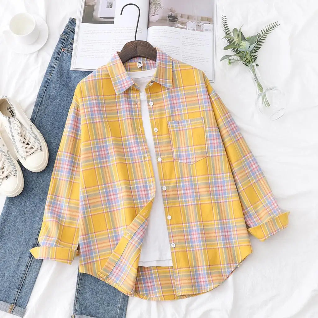 2025 New Fashion Loose Womens Plaid Shirt Fresh College Style Design Blouses And Tops Long Sleeve Casual Female Checked Clothes