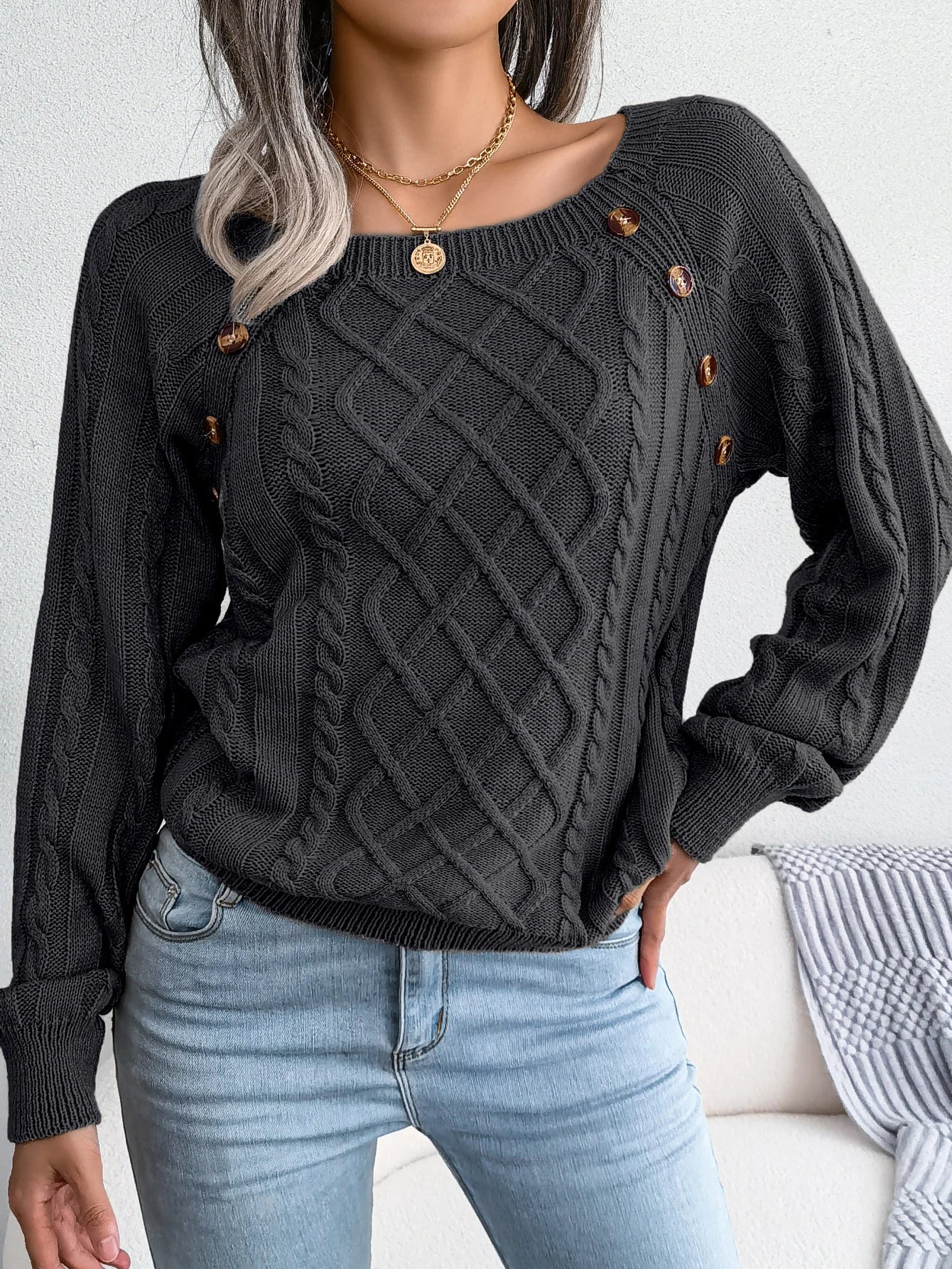 Woman Casual Plain Square Collar Buttons Long Sleeve Knitted Pullover Sweaters for Autumn Winter 2026 Fashion Women Clothes