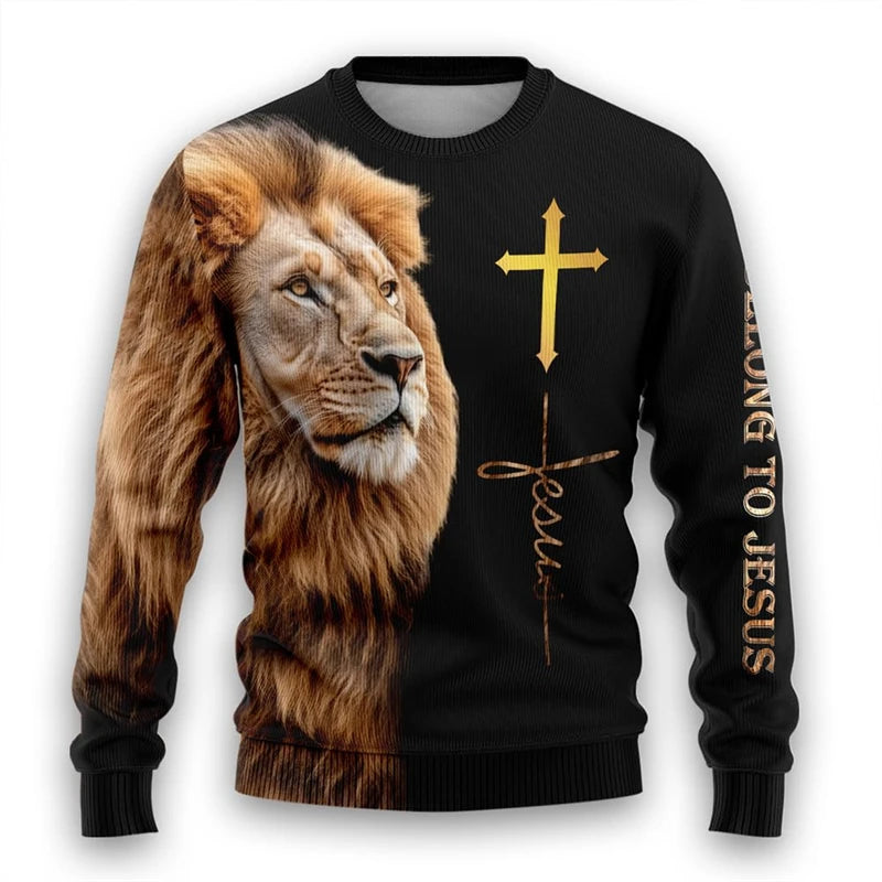 Christian Lion Graphic Sweatshirts God Jesus Ugly Christmas Sweater For Women Clothes Casual Cross Long Sleeve Man Pullovers
