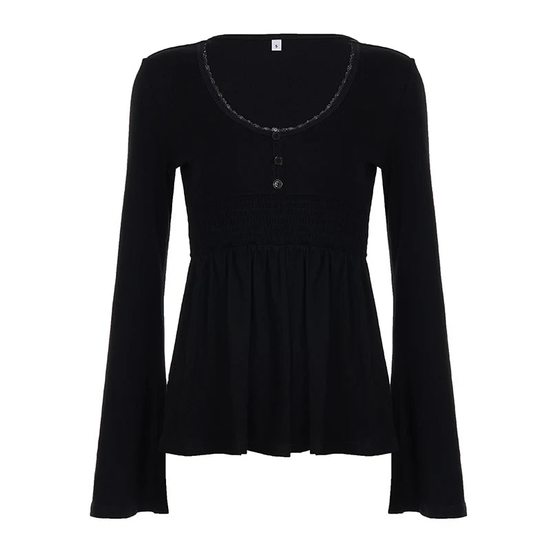 SUCHCUTE Women Solid Lace Trim Patchwork Button Flared Sleeves Shirt Casual V Neck Knit Top Y2k Aesthetic Fall Clothes Fairycore