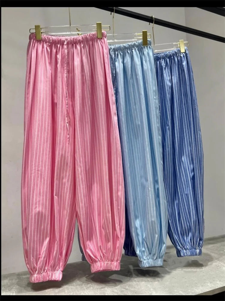 Tossy Striped Lace-Up Casual Women's Pants Patchwork Loose Streetwear Trousers High Waist Commute Clothes Female Bandage Pants