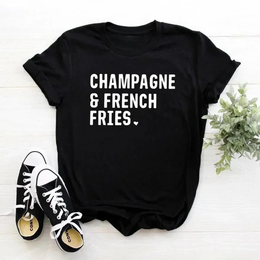 Champagne French Fries Women Tshirt Casual Hipster Funny T-shirt Lady Yong Girl Top Women Clothes Aesthetic Clothes