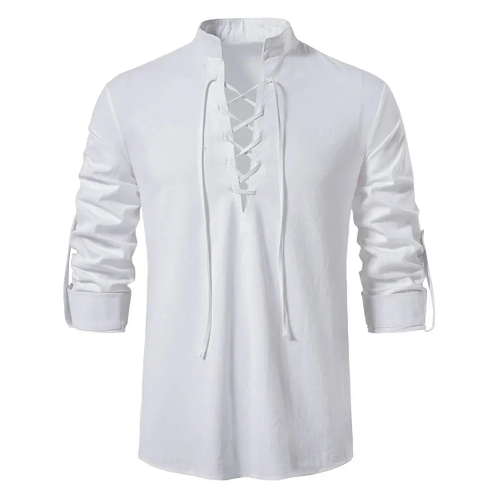 King Billion Men's Shirts Casual Men Cotton Linen Long Sleeve T-shirt Spring Autumn Vintage Shirt US Size Drawstring Neck