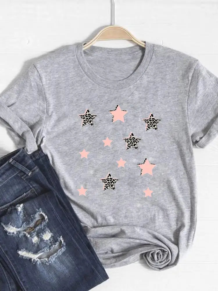 Tee Basic Clothing Women Clothes Print T Shirt Leopard Love Heart Trend Cute Summer Top Fashion Short Sleeve Graphic T-shirt