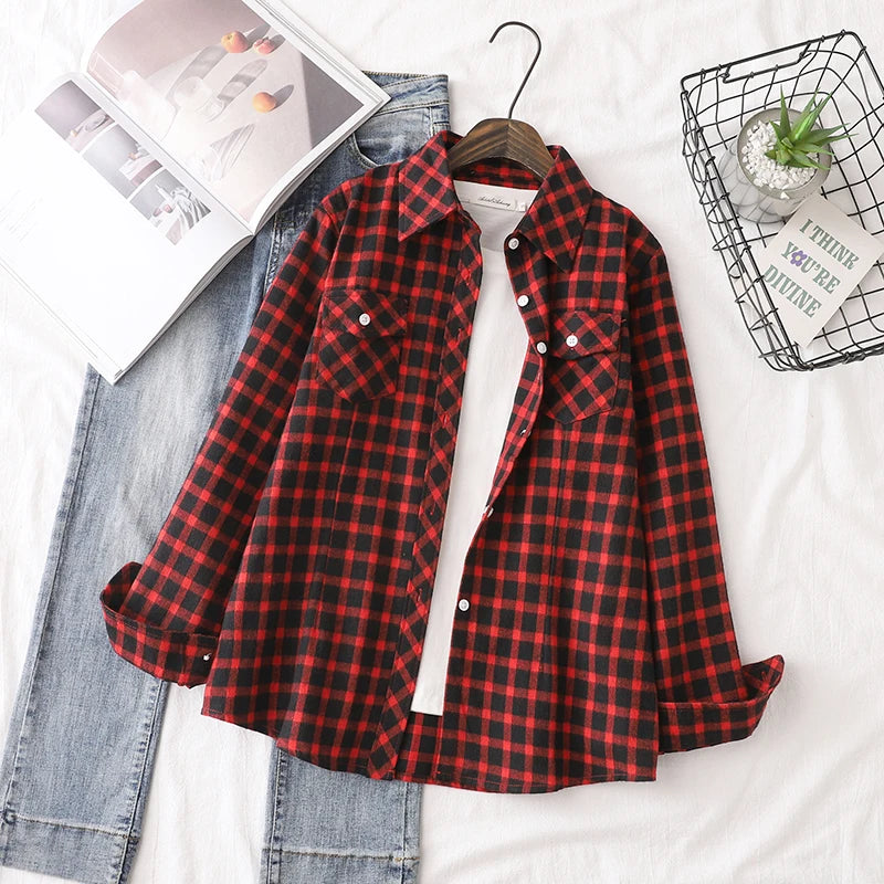 Cotton Flannel Plaid Shirts Women 2025 Autumn New Female Casual Slim Fit Long Sleeve  Blouses & Tops Ladies Checkered Clothes