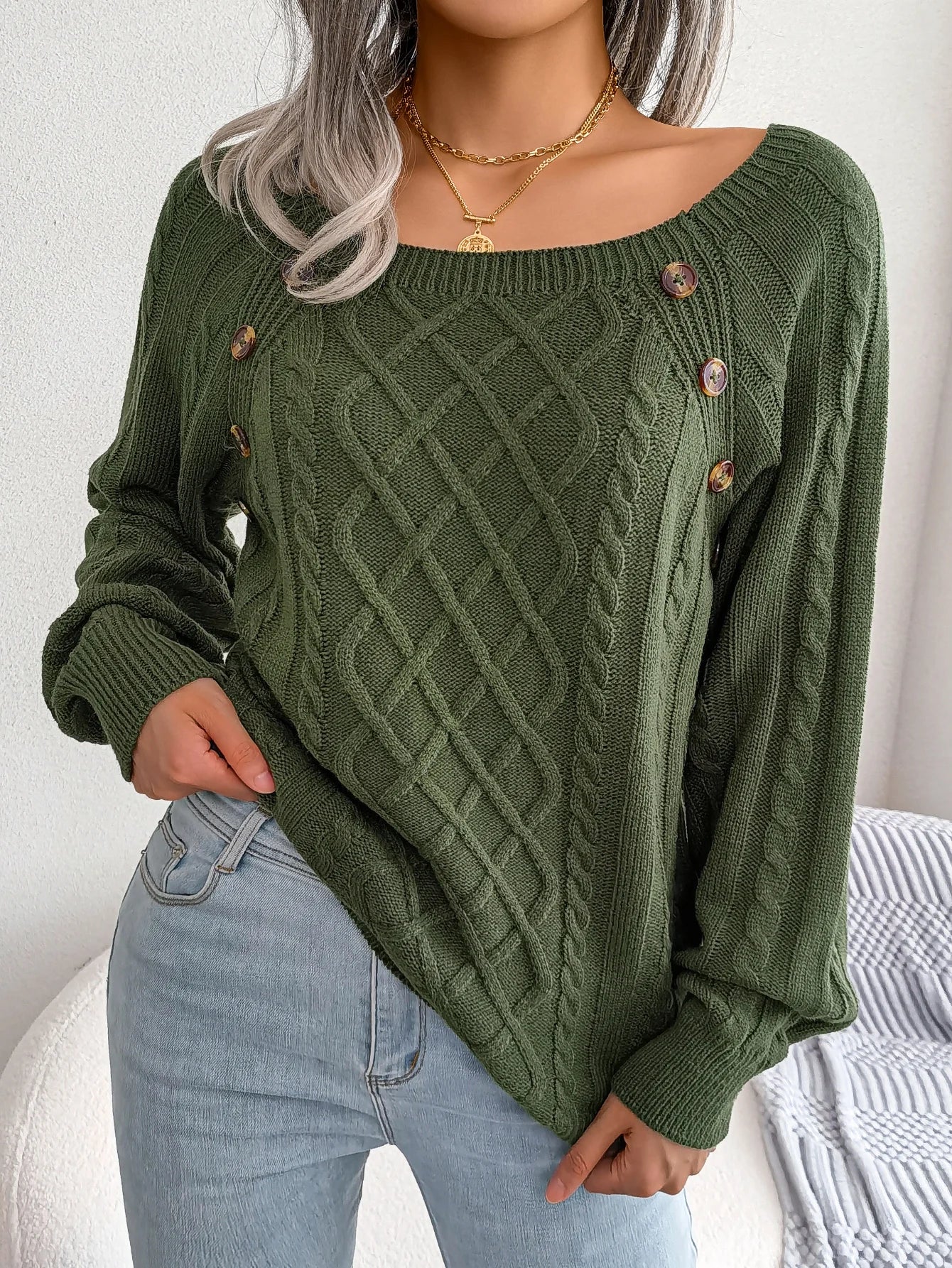 Woman Casual Plain Square Collar Buttons Long Sleeve Knitted Pullover Sweaters for Autumn Winter 2026 Fashion Women Clothes