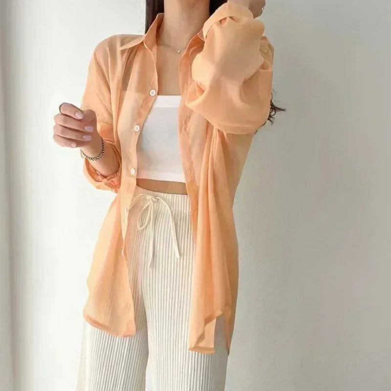 2025 Colors Shirts Women Sheer Thin Chic Summer Simple Solid Sun-proof Temper Fashion Baggy All-match Basic Korean Style Clothes