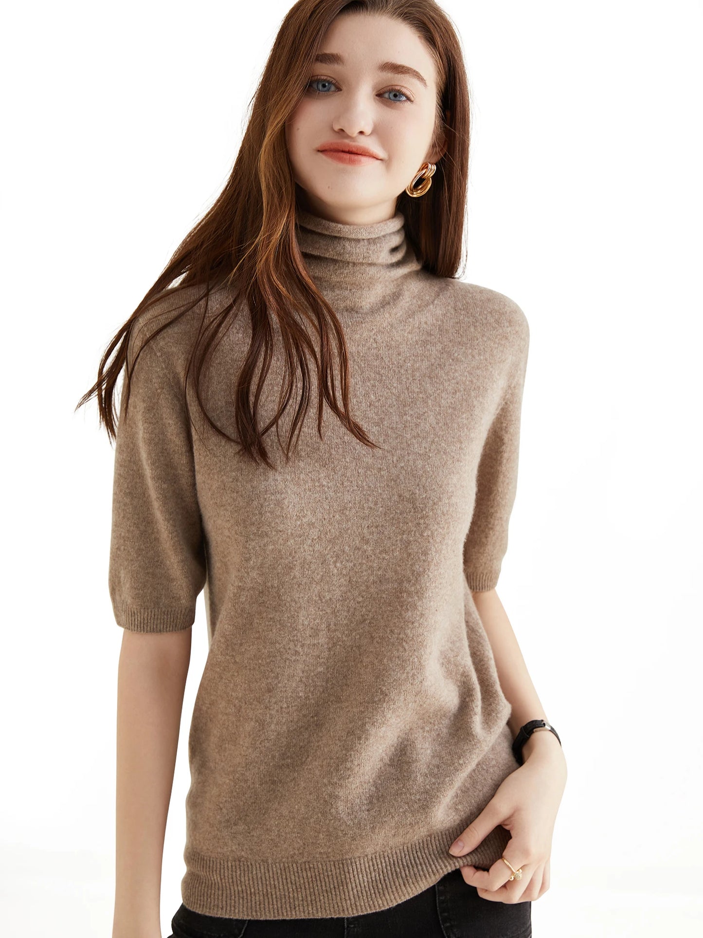 Women's Knit Tops Short Sleeve Fashion Women Sweaters New 100% Merino Wool Knitwears Vintage Sweater Turtleneck Pullover Clothes