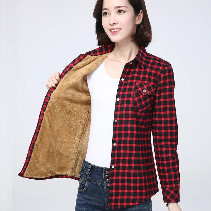 2025 Winter New Women's Warm Plaid Shirt Coat Casual Fleece Velvet Plus Thicke Jacket Tops College Style Woman Clothes Outerwear