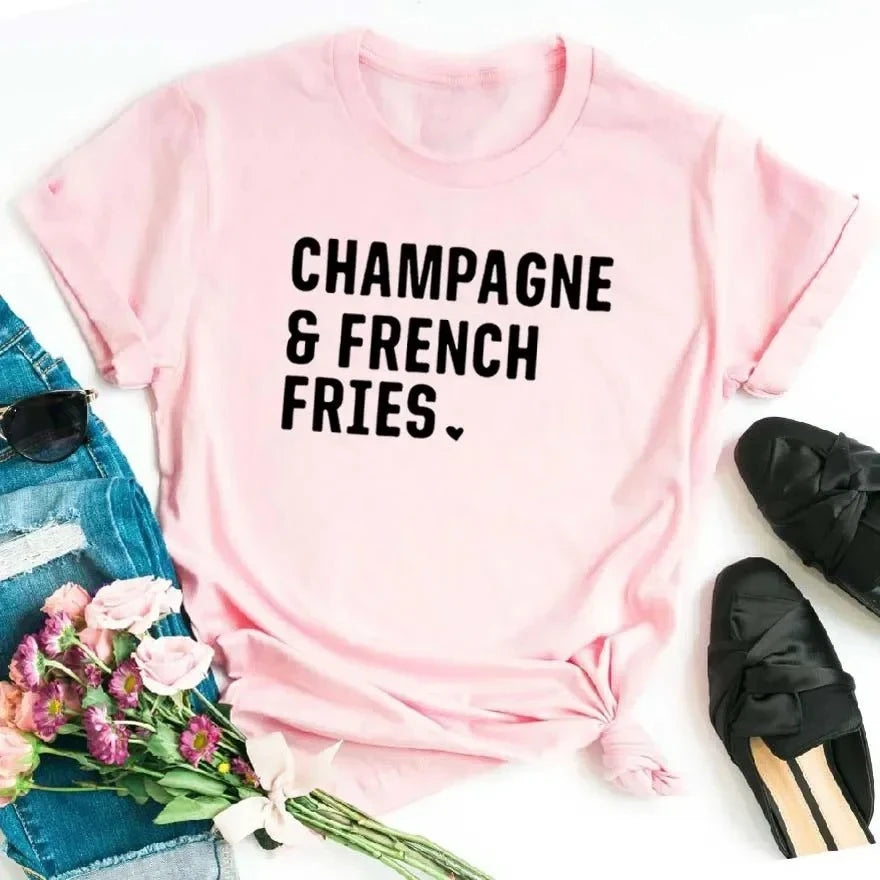 Champagne French Fries Women Tshirt Casual Hipster Funny T-shirt Lady Yong Girl Top Women Clothes Aesthetic Clothes