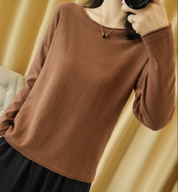 100% Cotton Women Knit Sweater Crimped Edge O-Neck Pullover Bottoming Pure Cotton Sweater Spring Autumn New Tops Clothes