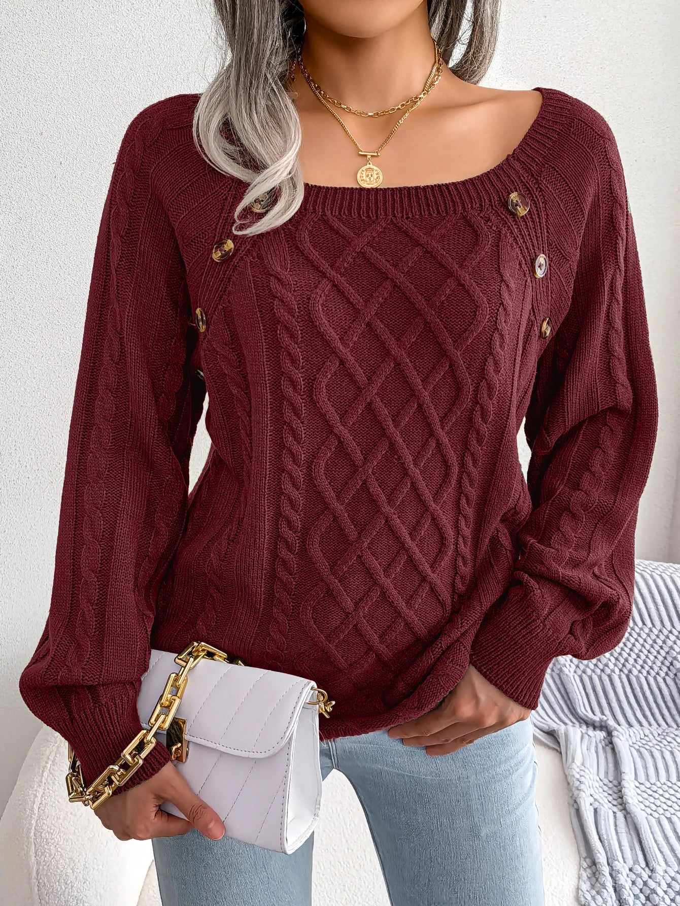 Woman Casual Plain Square Collar Buttons Long Sleeve Knitted Pullover Sweaters for Autumn Winter 2026 Fashion Women Clothes