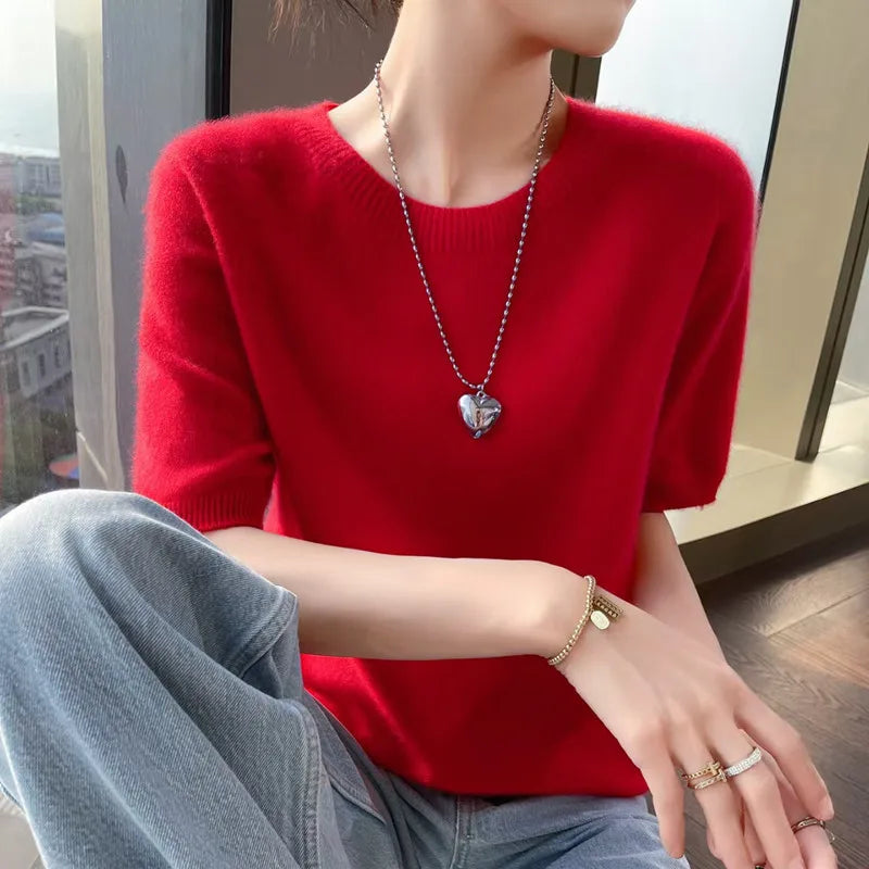 Women 100% Cashmere Sweater T-shirt 2023 New Short Sleeve Pullover Spring O-Neck Basic Jumper For Female Soft Shirt Girl Clothes