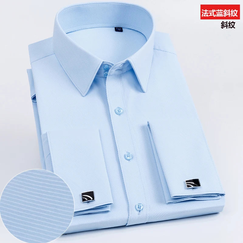 Men's French cufflinks shirt, men's slim fit long sleeved business sleeve nail free business formal men's solid color shirt