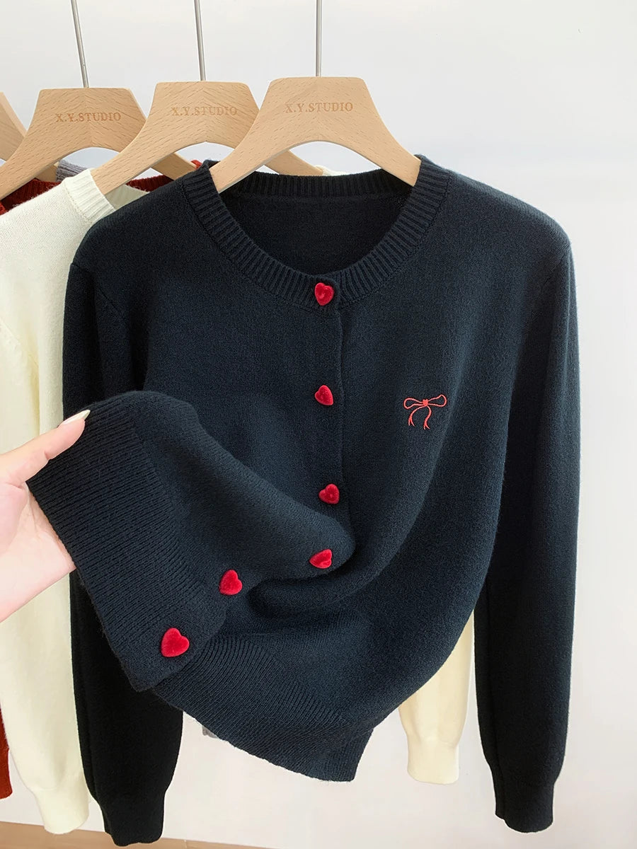 Women O-Neck Single Breasted Heart Button Sweater 2026 Bow Embroidery Knitted Cardigan Korean Casual Solid Tops Woman Clothes 45