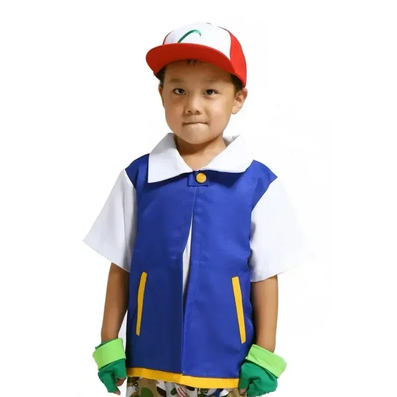 Cosplay Anime Ash Ketchum Clothes Men Blue Jacket Costume Boys Girls Cosplay for Carnival Party Trainer Cap Gloves Set