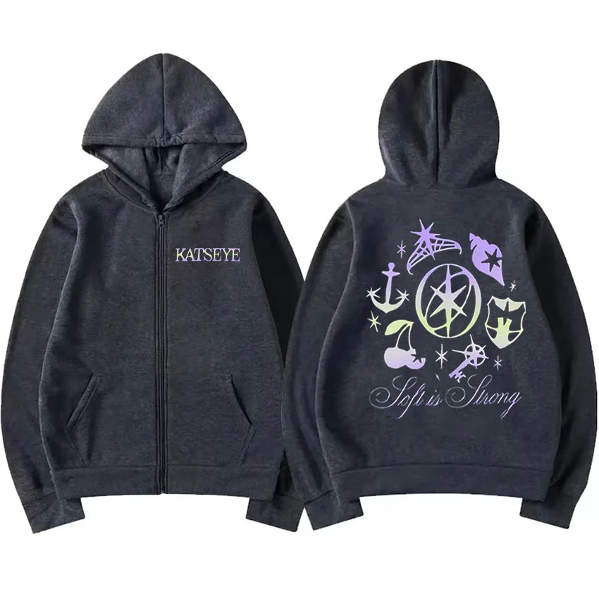 Katseye Graphics tracksuit vintage Hoodie Men Women 2025 tops Fleece fashion clothes Hip Hop Coat Zip Up Jacket Loose streetwear