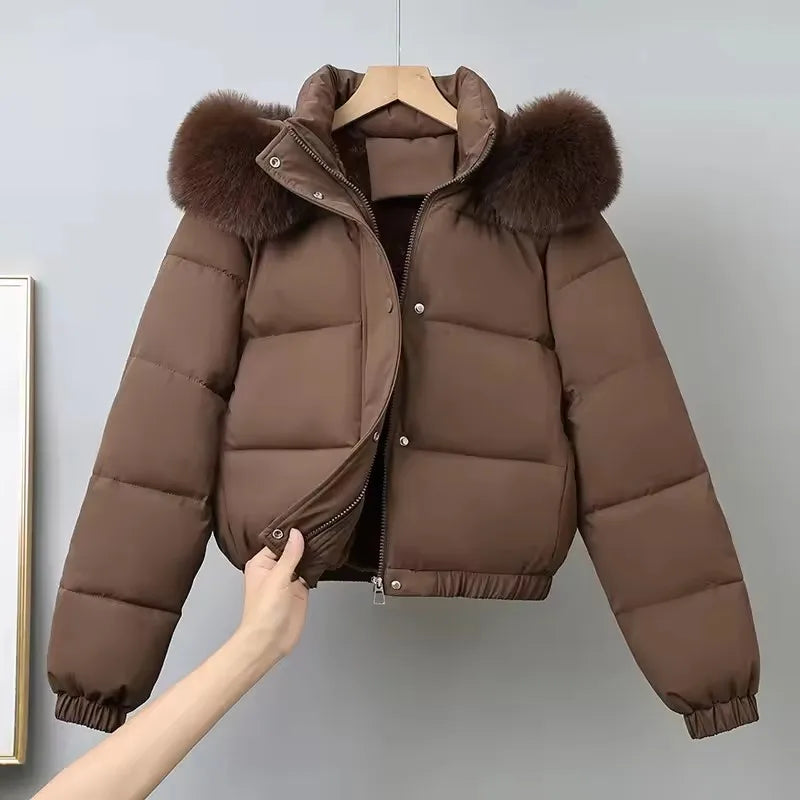 Winter Short Parkas Women's Cotton-padded Clothes Fleece Lining Thicken Warm Outerwear Fur Collar Removable Hooded Quilted Coat
