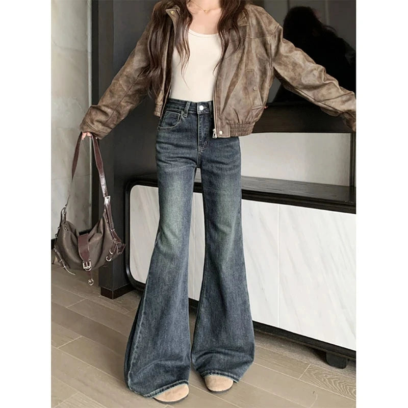 Jeans For Woman Y2k Clothes Retro Flared Trousers Winter High Waist Loose Fit Wide Leg Denim Pants Slimming Fashion Casual