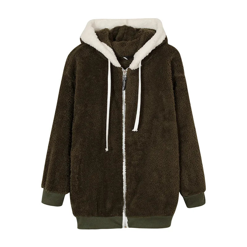 New Style Winter Fashion Women's Coat Casual Hooded Zipper Ladies Clothes Cashmere Women Fleece Jacket Solid Color Ladies Coats