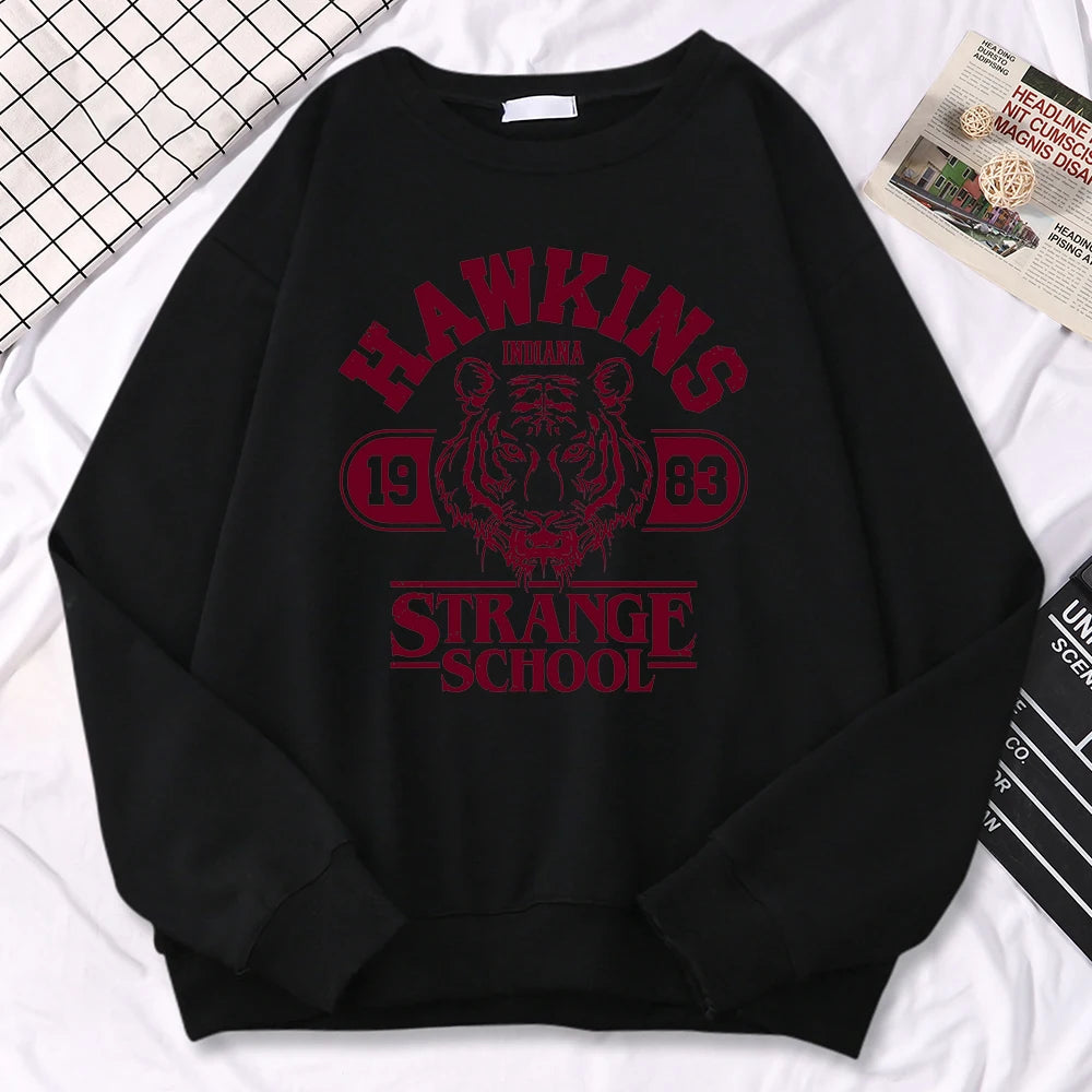 Casual Street Womens Sweatshirt Hawkins High School Indiana 1983 Printing Hoodies Loose Crewneck Pullovers Warm Fleece Clothes