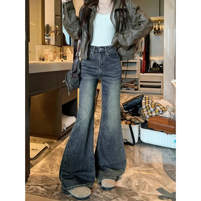 Jeans For Woman Y2k Clothes Retro Flared Trousers Winter High Waist Loose Fit Wide Leg Denim Pants Slimming Fashion Casual