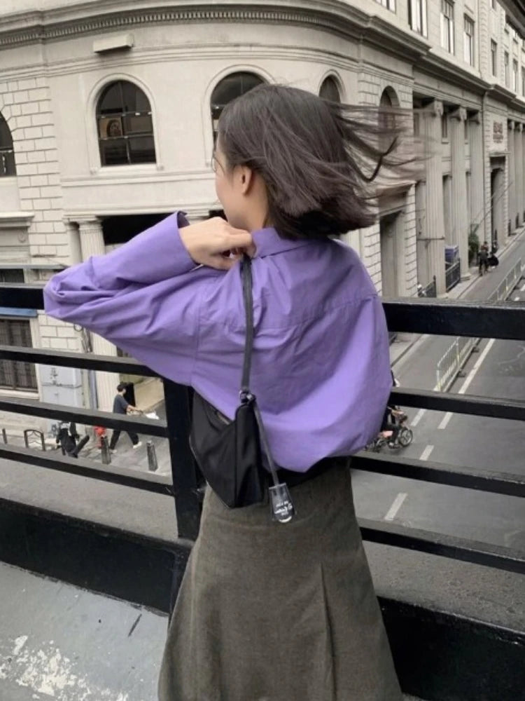 Purple Shirts Women Gentle Office Lady Loose Leisure Sweet New Autumn Korean Clothes Stylish Basic De Mujer Buttons Design Tops