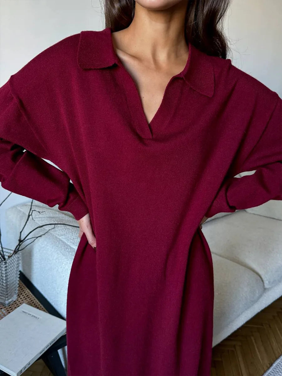 Hirsionsan Long Sleeve Autumn Winter Loose Polo Neck Sweater Dresses Women Soft Elegant Solid Knit Dress Female 2025 New Clothes