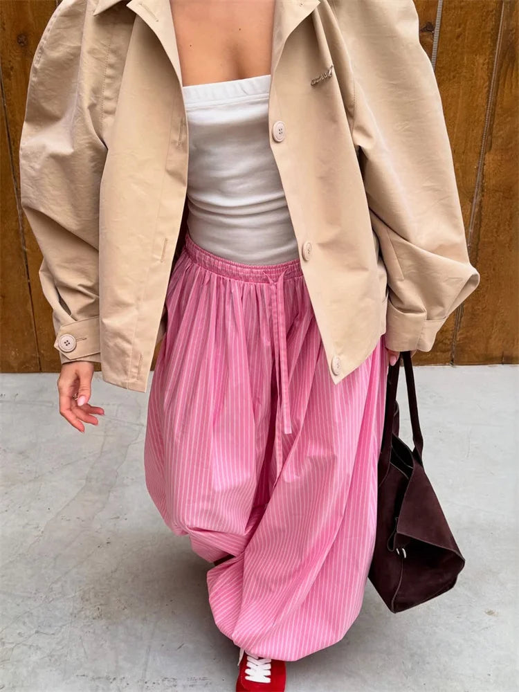 Tossy Striped Lace-Up Casual Women's Pants Patchwork Loose Streetwear Trousers High Waist Commute Clothes Female Bandage Pants